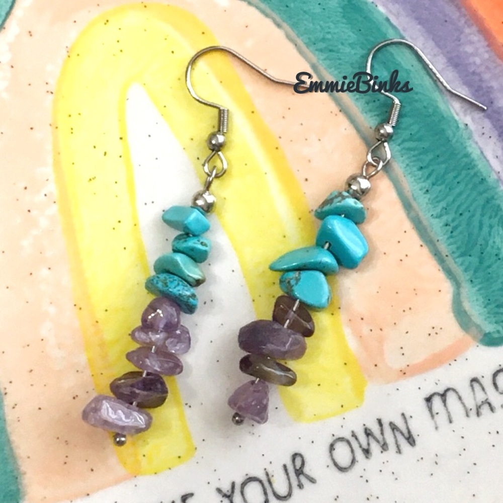 💥3for$28 New Genuine Amethyst and Turquoise Linear Drop Earrings /Gems Stones